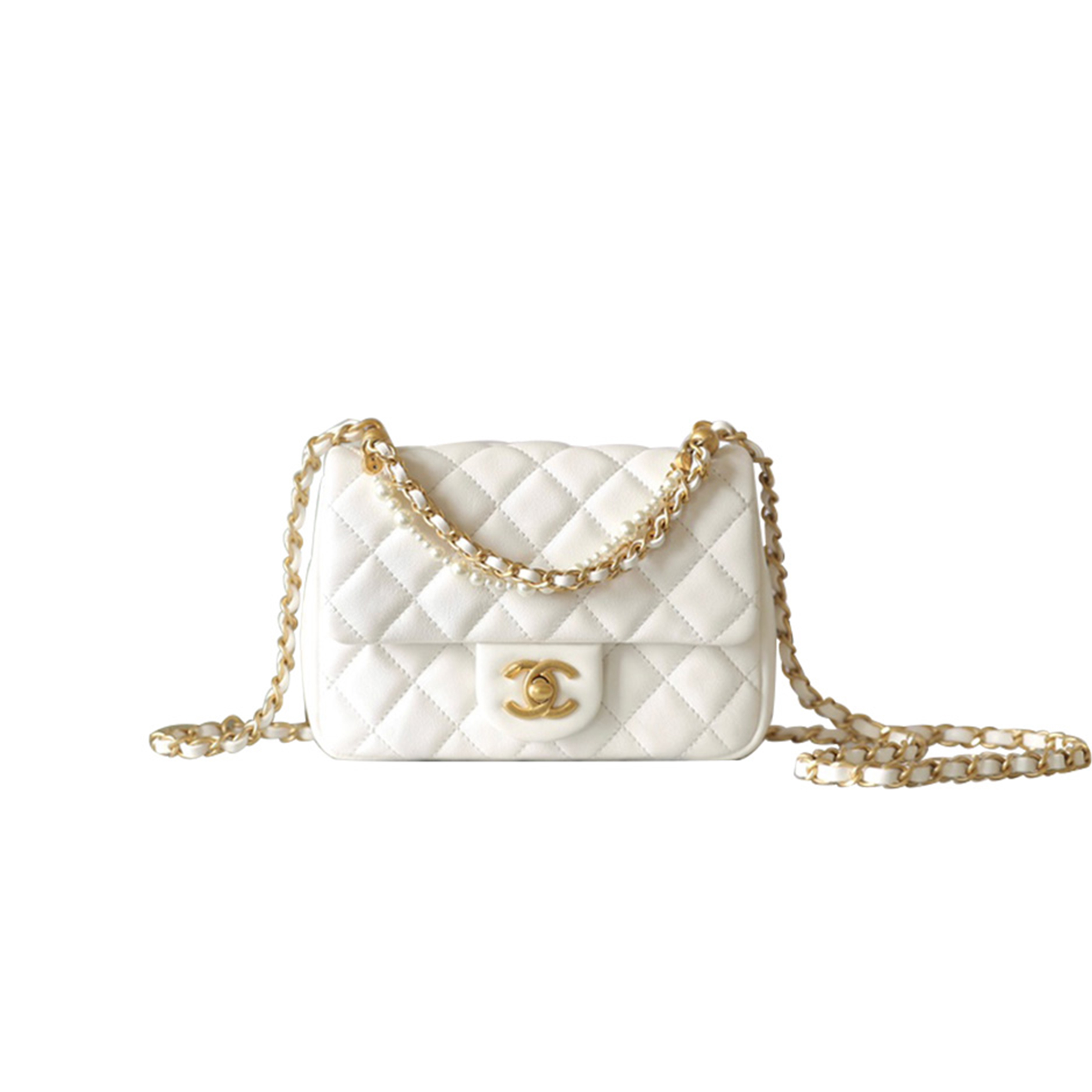 Ch*el master 24p mini pearl chain flap bag white as4385 (17*12.5*5cm)